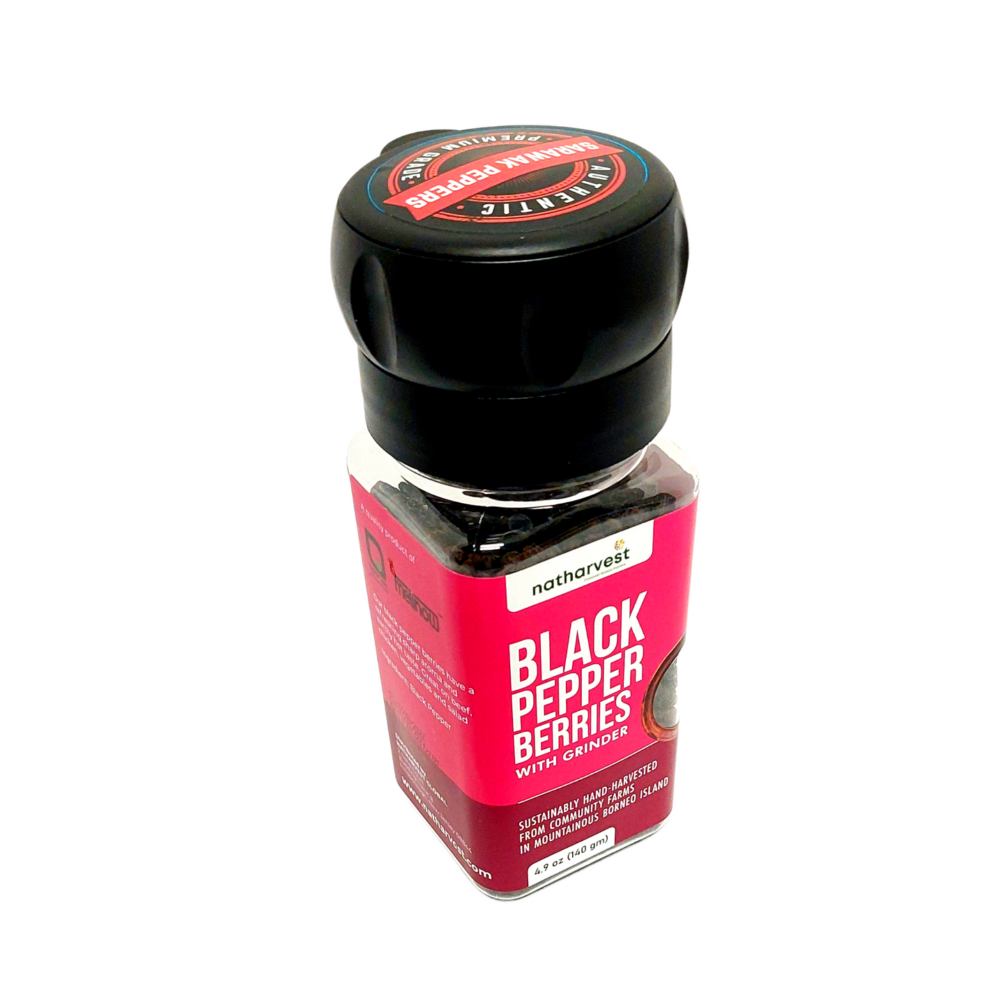 Sarawak black pepper berries whole with grinder by Natharvest