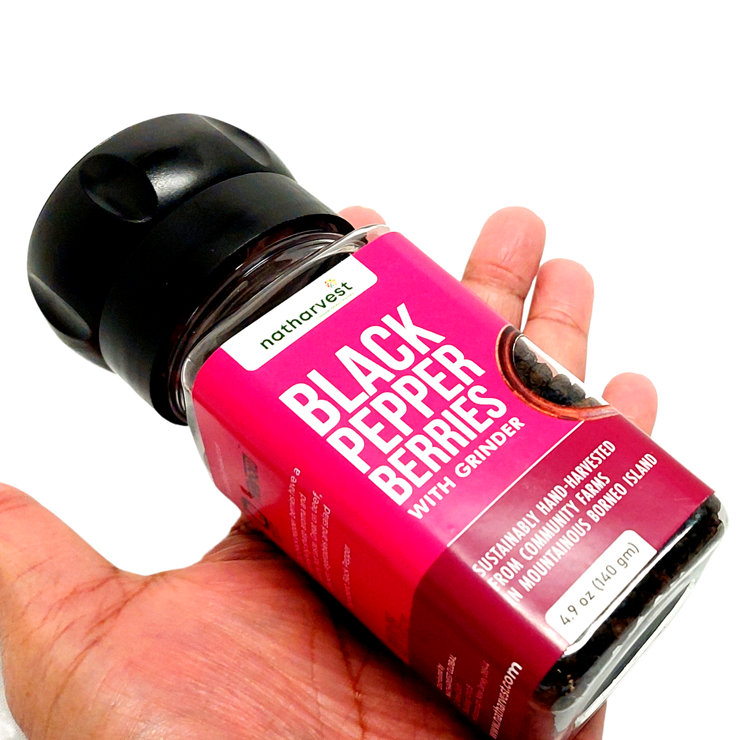 Sarawak black pepper berries whole with grinder by Natharvest
