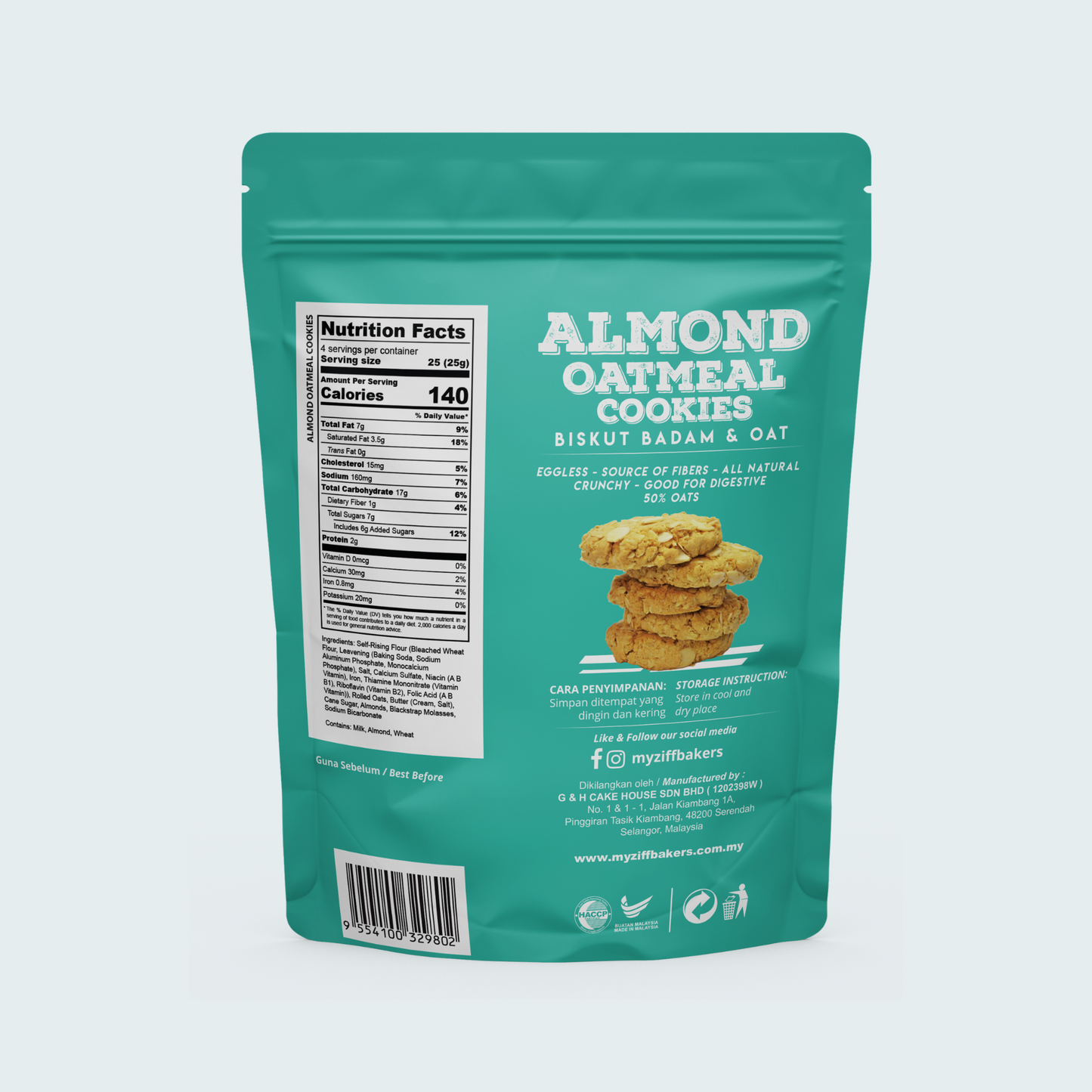 All-natural, Eggless, High Fiber Almond Oatmeal Cookies, 3.53 oz (100 gm)
