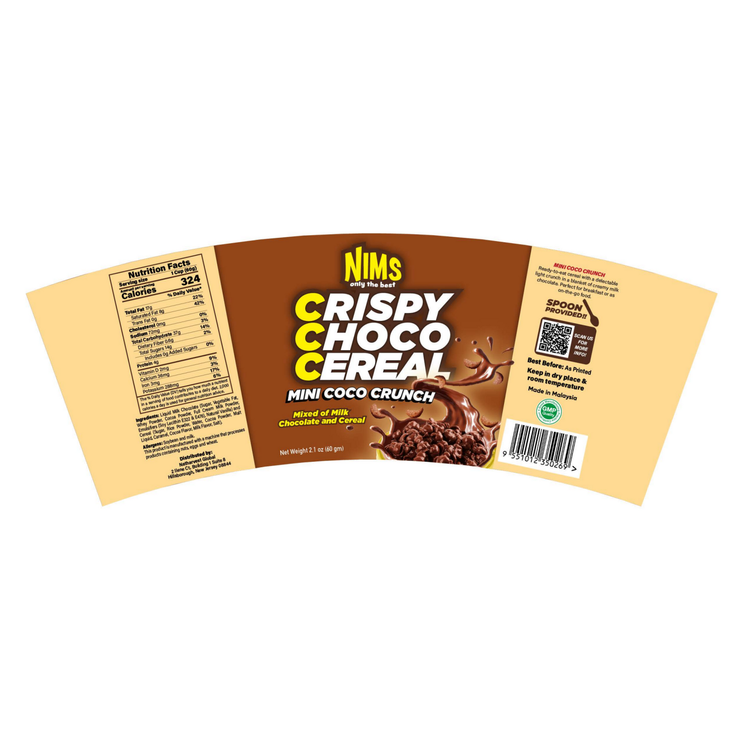 NIMS Crispy Choco Cereal, Milk Chocolate Cereal, Mixed of Milk, Chocolate and Cereal, Ready to Eat, 2.1 oz (60 gm), a pack of 12