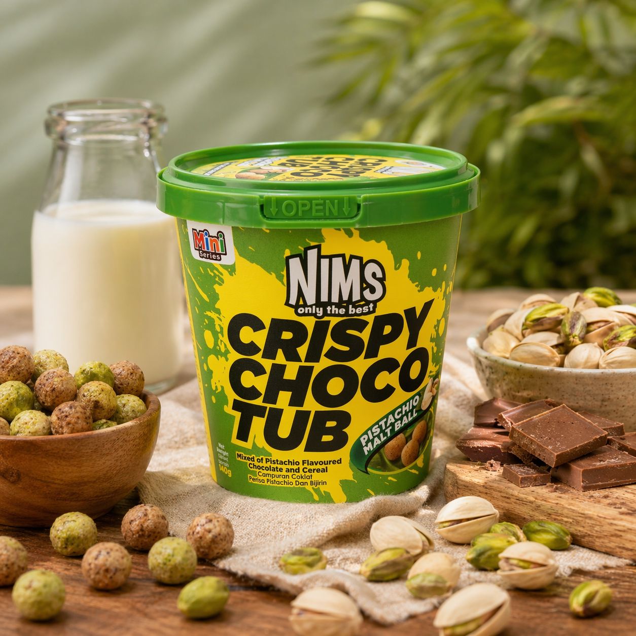 NIMS Crispy Choco Tub, Pistachio, Crunchy Chocolate Cereal Snack, a case of 24 x 4.9 oz (140 gm)