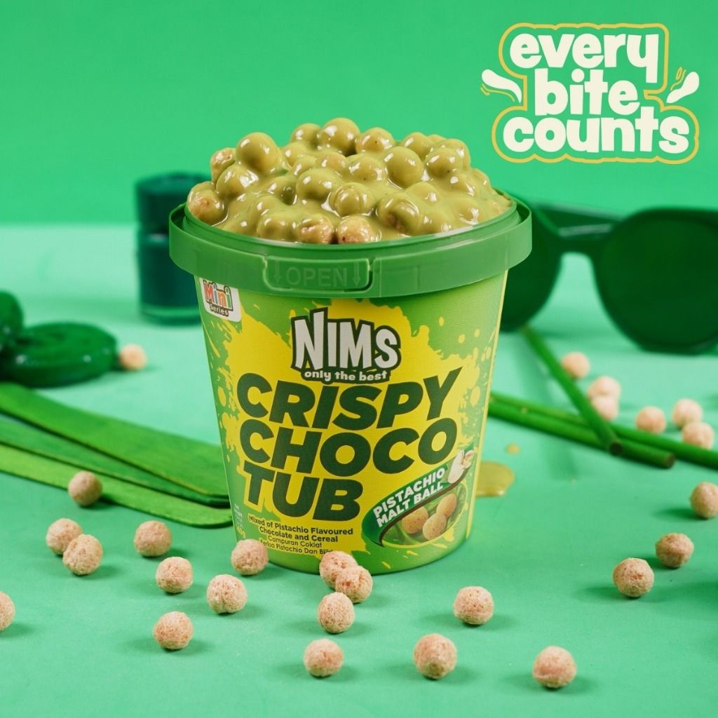 NIMS Crispy Choco Tub, Pistachio, Crunchy Chocolate Cereal Snack, a case of 24 x 4.9 oz (140 gm)