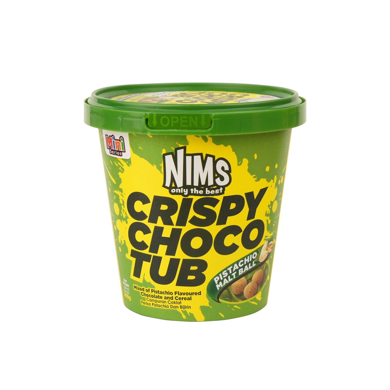 NIMS Crispy Choco Tub, Pistachio, Crunchy Chocolate Cereal Snack, a case of 24 x 4.9 oz (140 gm)