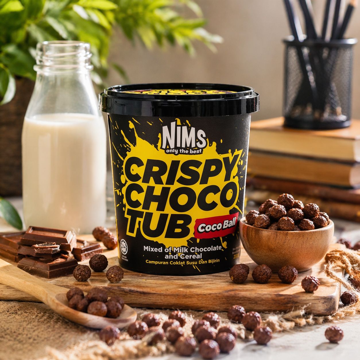 NIMS Crispy Choco Tub, Coco Ball, Crunchy Chocolate Cereal Snack, a case of 24 x 8.8 oz (250 gm)