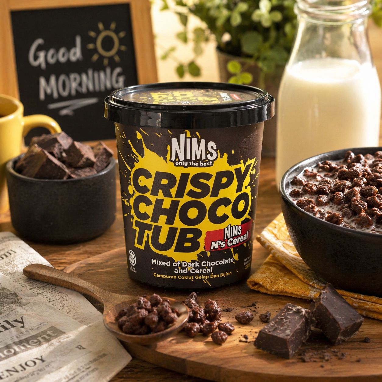 NIMS Crispy Choco Tub, N's Cereal, Crunchy Chocolate Cereal Snack, a case of 24 x 8.8 oz (250 gm)