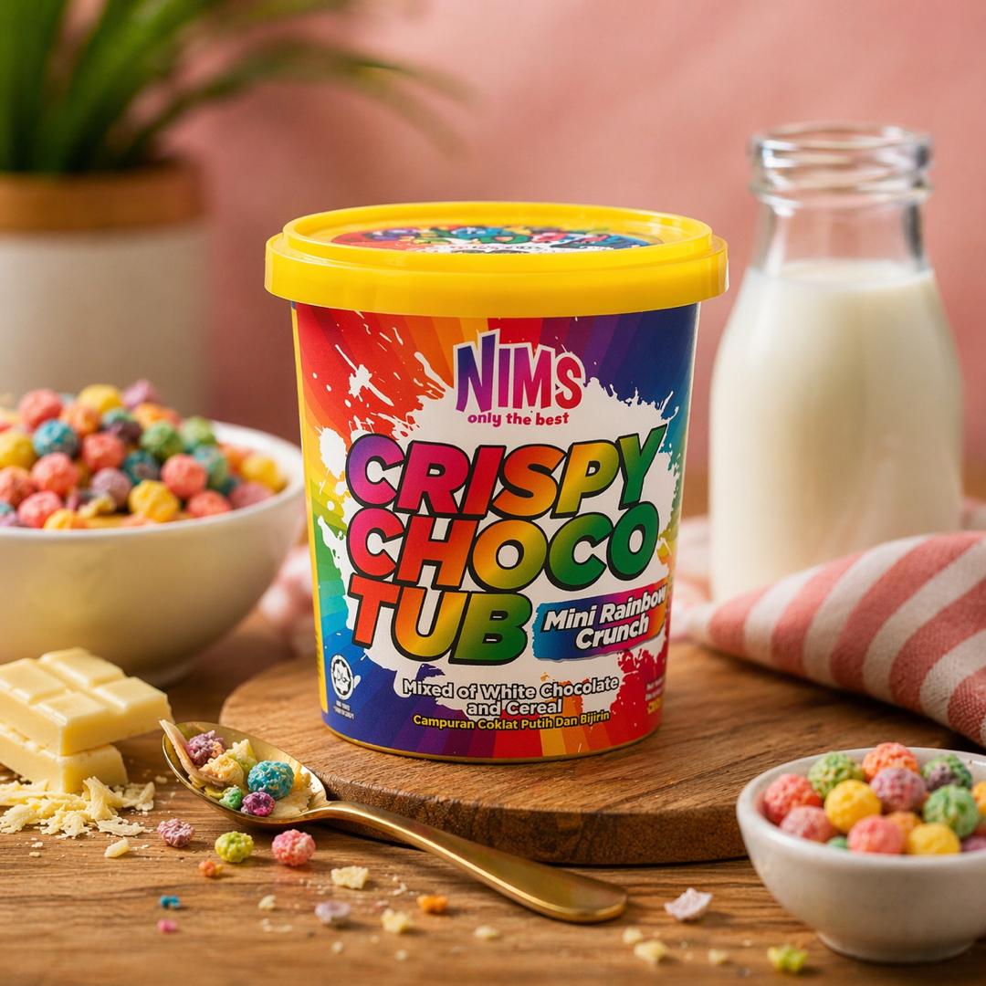 NIMS Crispy Choco Tub, Mini Rainbow Crunch, Crunchy Chocolate Cereal Snack, a case of 24 x 8.8 oz (250 gm)