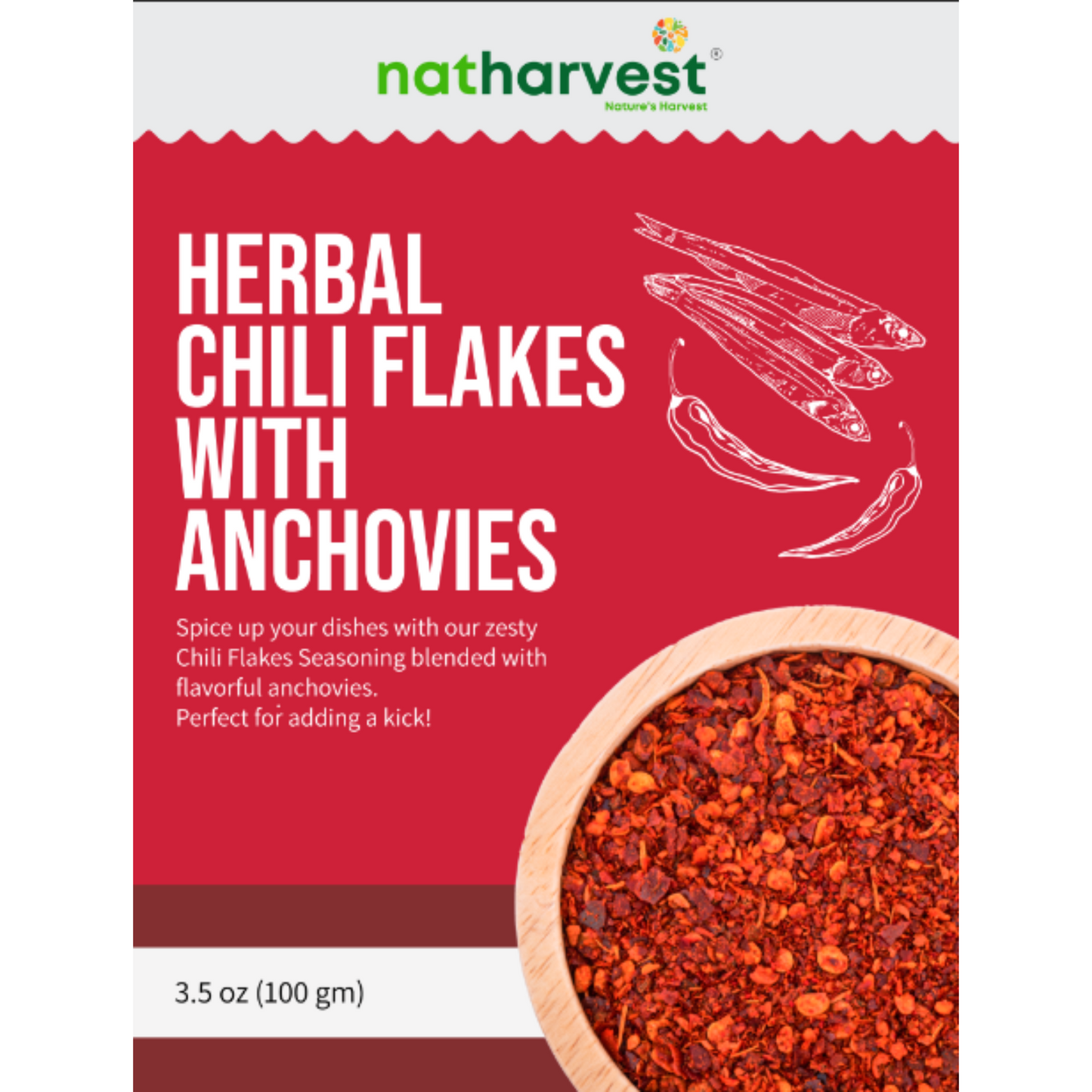 Natharvest Herbal Chili Flakes with Anchovies, medium-level spicy, 3.5 oz (100 gm)
