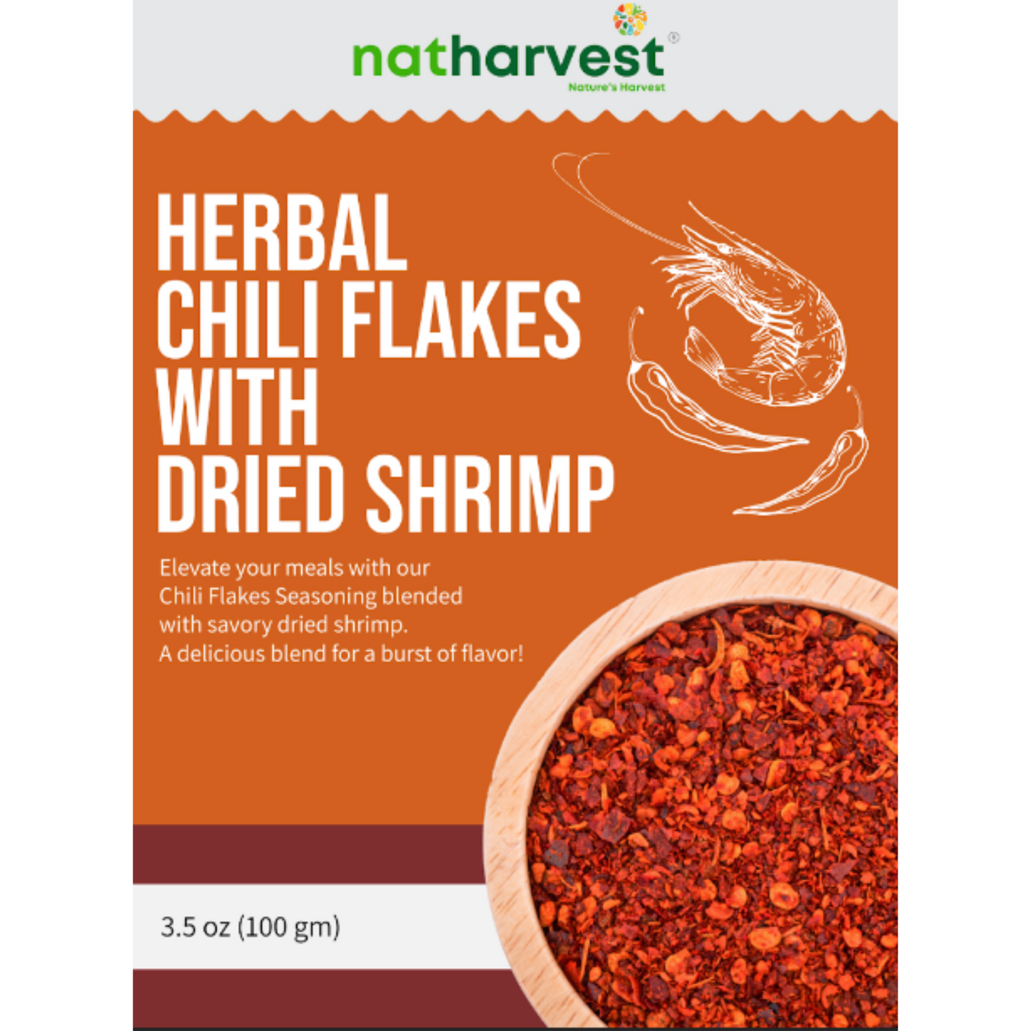 Natharvest Herbal Chili Flakes with Shrimp, medium-level spicy, 3.5 oz (100 gm)